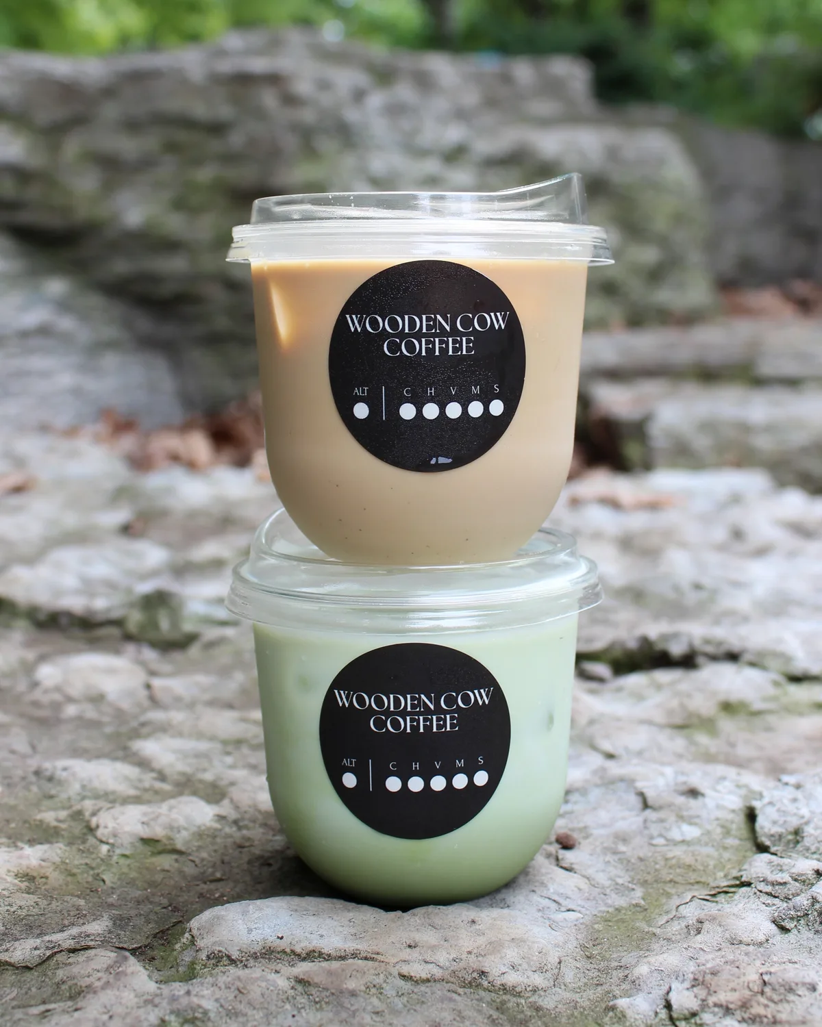 A Wooden Cow Coffee oat latte stacked on an iced matcha, on limestone