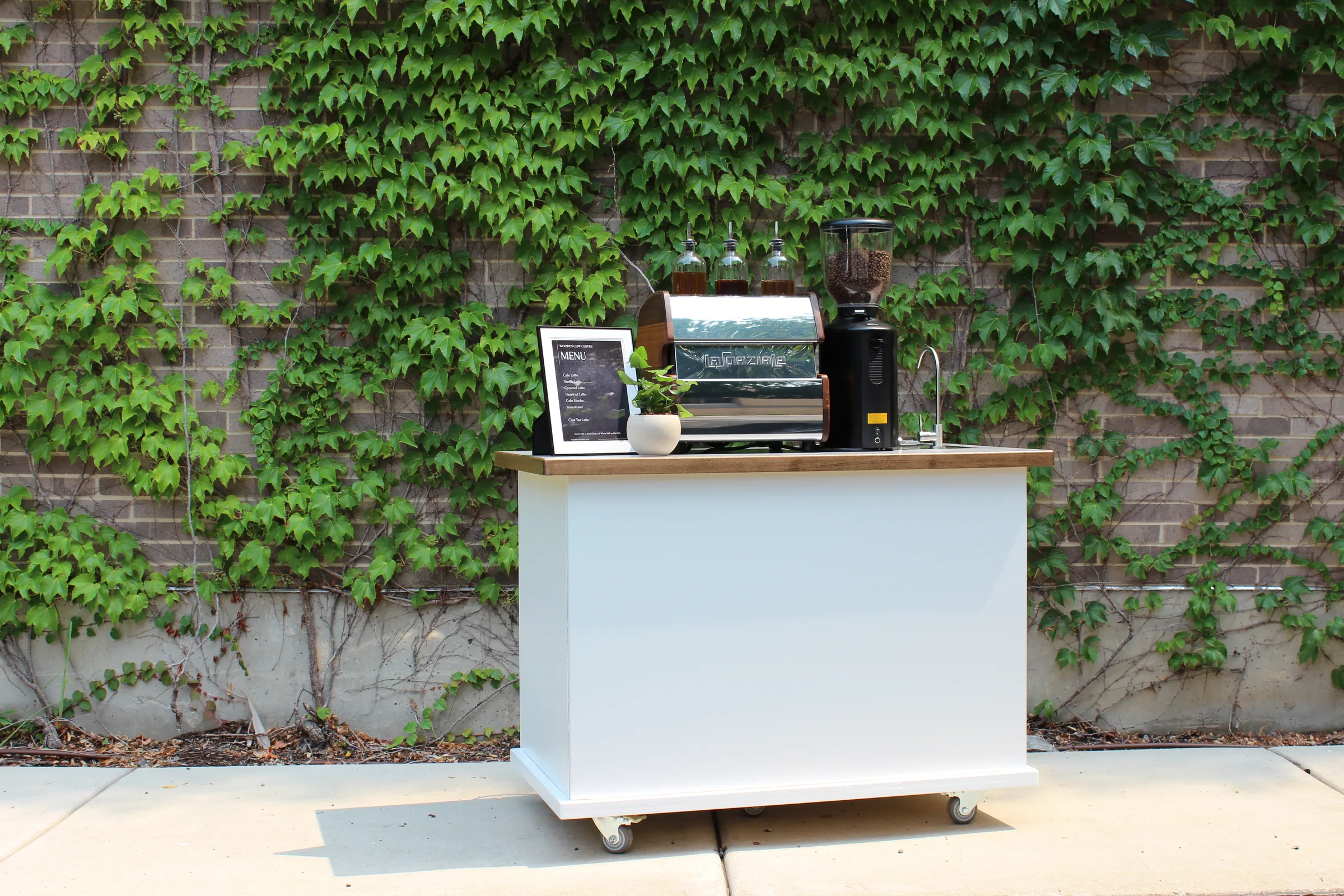 The Wooden Cow Coffee espresso cart against an ivy-covered brick wall, espresso machine, grinder and menu board on the walnut counter