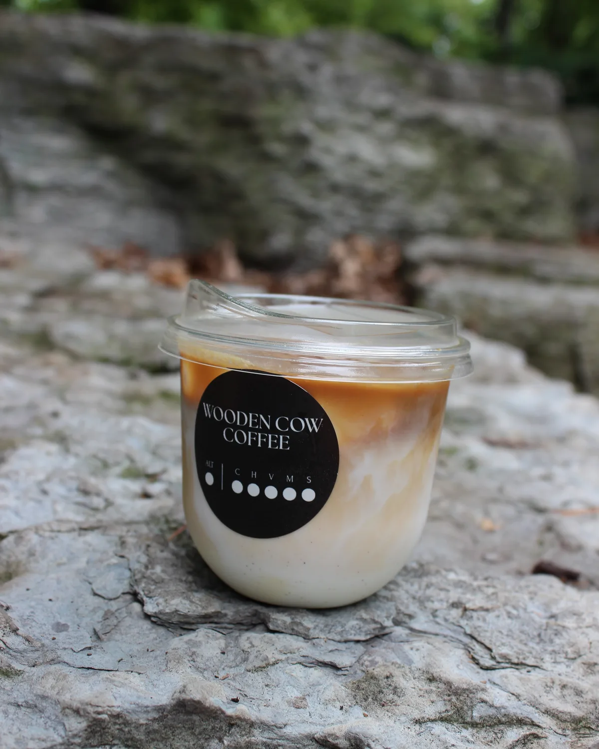 An iced caramel latte in a branded Wooden Cow Coffee cup, resting on pale limestone